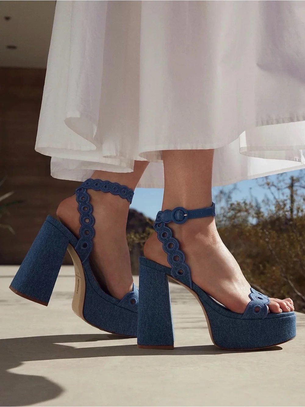 New Larroude Dolly Broderie Sandal In Blue Stoned Denim Sz 9.5
